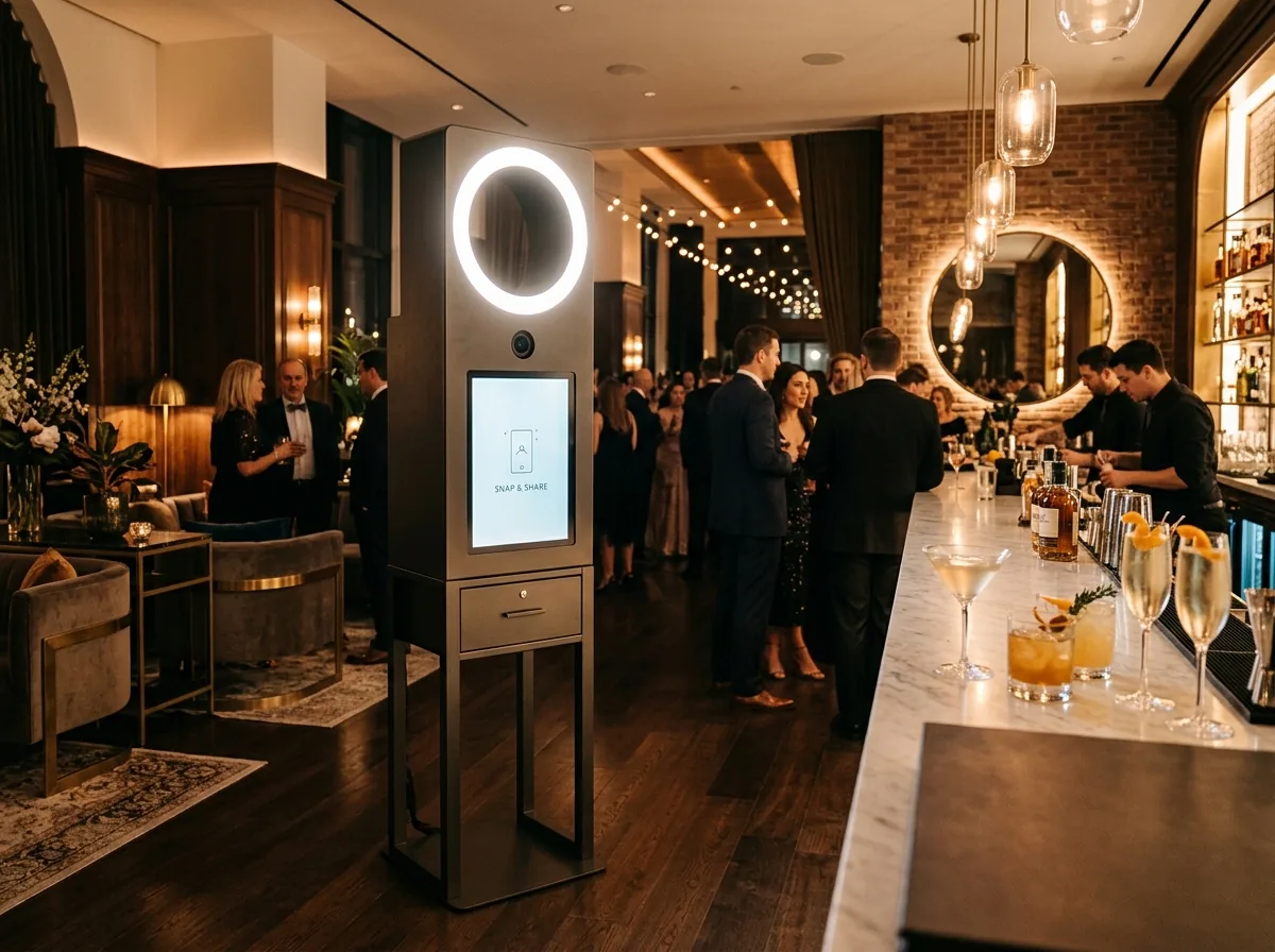 Moderne minimalistische photobooth op een chic avondevent
